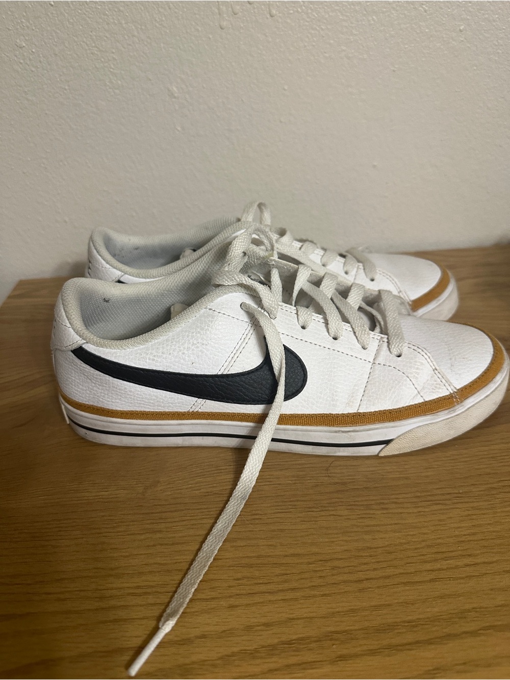 Nike “Court Legacy”White Low-Top Sneakers with Black Swoosh and Tan Accent